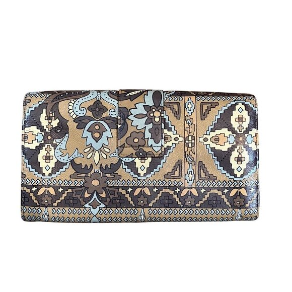 Uterque Brown, Tan, Blue Sheepskin Multipocket Geometric Floral Clutch Wallet - Picture 3 of 10
